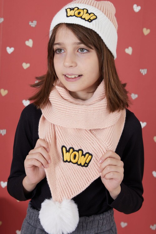 Somon WOW Yazılı Ponponlu Kız Çocuk Atkı Bere Seti 17298