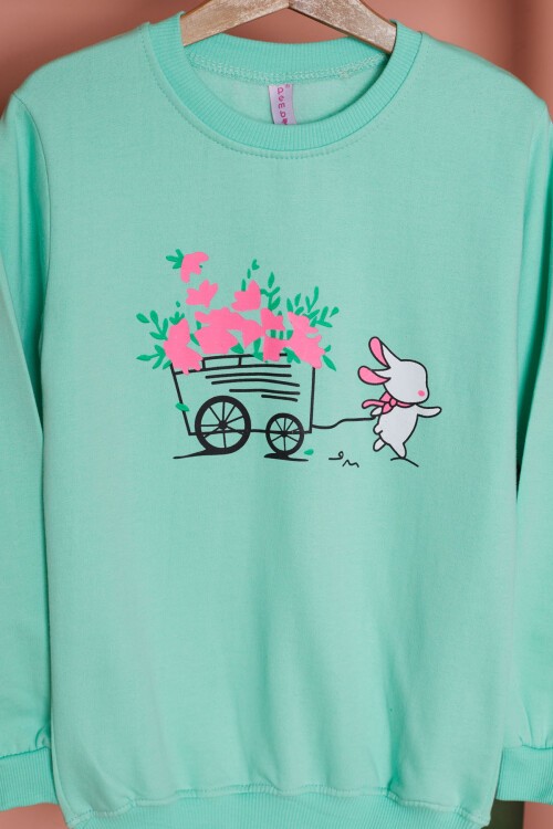 Yeşil Çiçekli Tavşan Baskılı Kız Çocuk Sweatshirt 17276