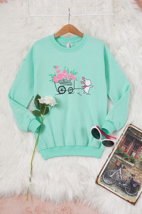 Yeşil Çiçekli Tavşan Baskılı Kız Çocuk Sweatshirt 17276