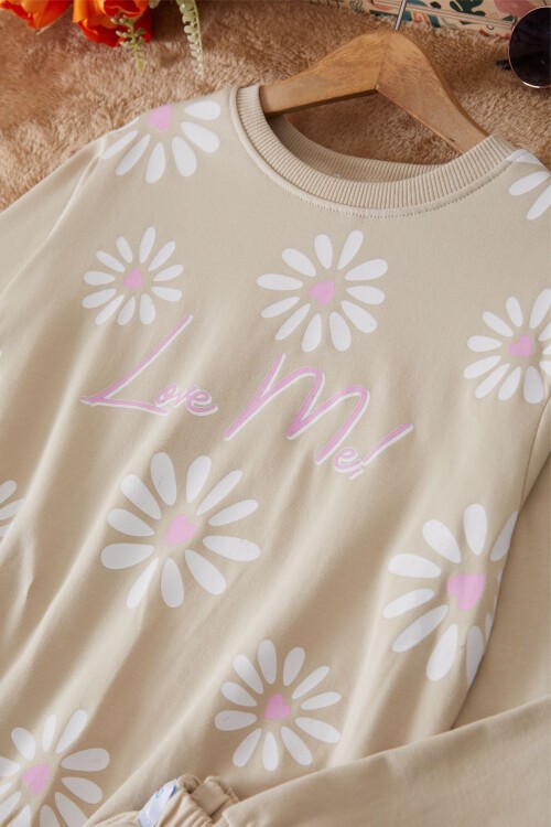 Bej Çiçek Baskılı Şardonlu Kız Eşofman Takımı 17427