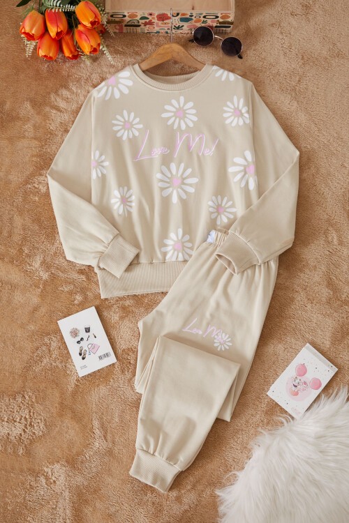 Bej Çiçek Baskılı Şardonlu Kız Eşofman Takımı 17427