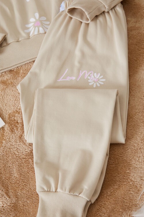 Bej Çiçek Baskılı Şardonlu Kız Eşofman Takımı 17427