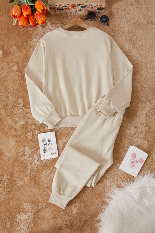 Bej Çiçek Baskılı Şardonlu Kız Eşofman Takımı 17427