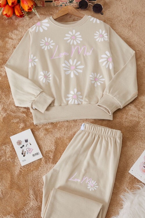 Bej Çiçek Baskılı Şardonlu Kız Eşofman Takımı 17427