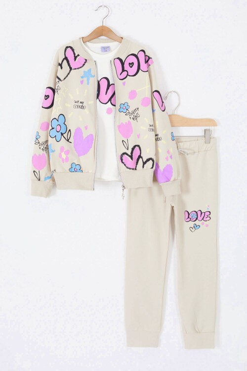 Bej Love Baskılı Hırkalı Kız Çocuk 3lü Takım 17416