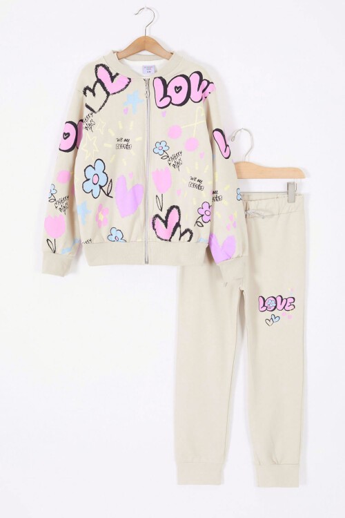 Bej Love Baskılı Hırkalı Kız Çocuk 3lü Takım 17416
