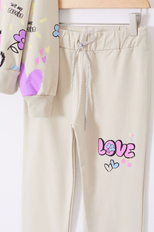 Bej Love Baskılı Hırkalı Kız Çocuk 3lü Takım 17416