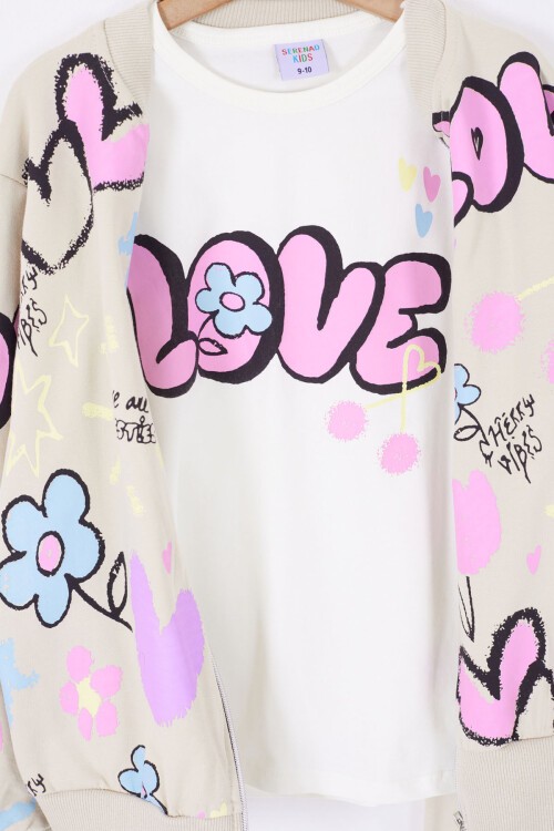 Bej Love Baskılı Hırkalı Kız Çocuk 3lü Takım 17416
