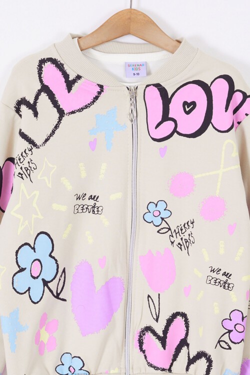 Bej Love Baskılı Hırkalı Kız Çocuk 3lü Takım 17416