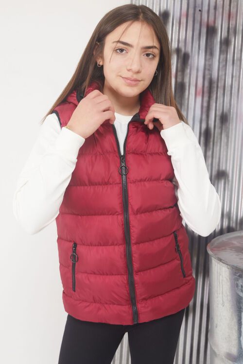 Bordo Kapüşonlu Fermuar Cepli Çocuk Şişme Yelek 17529