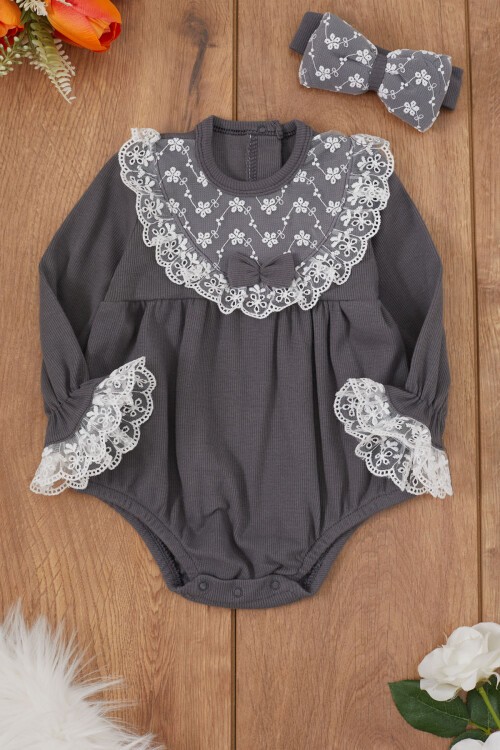 Füme Dantel Detaylı Uzun Kollu Bandanalı Çıtçıtlı Badi 17367