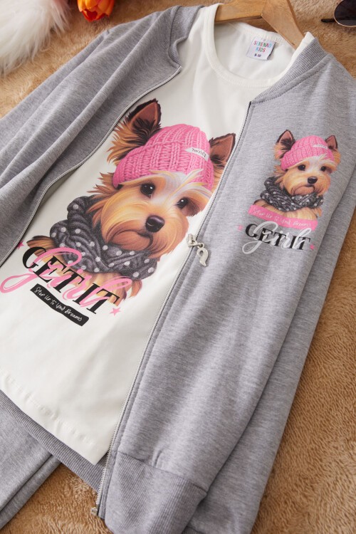 Gri Sevimli Köpek Baskılı Hırkalı Kız Çocuk 3lü Takım 17435