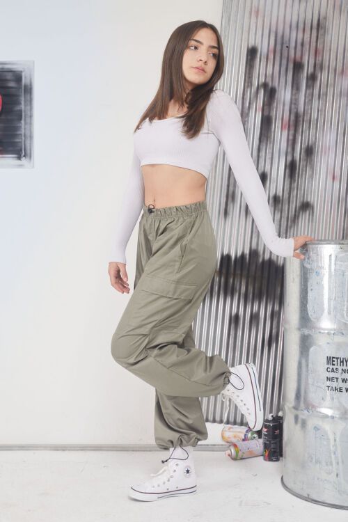 Haki Lastikli Paça Kargo Cepli Kız Çocuk Paraşüt Pantolon 17563