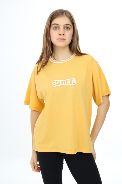 Hardal Beautiful Yazılı Oversize Kız Tişört 17815