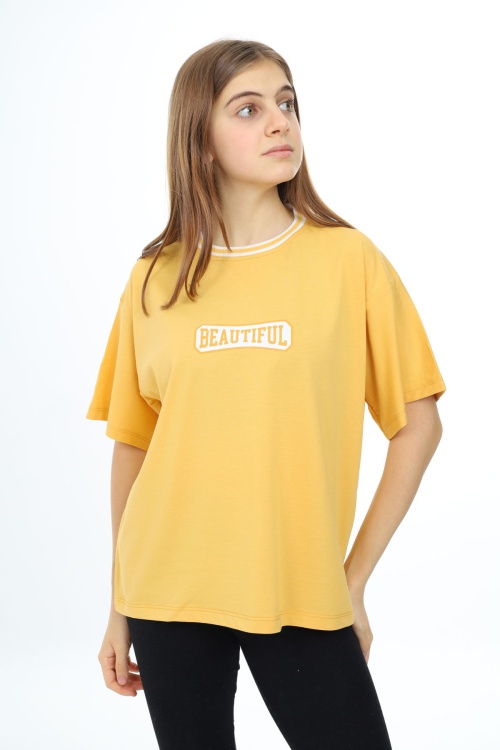 Hardal Beautiful Yazılı Oversize Kız Tişört 17815