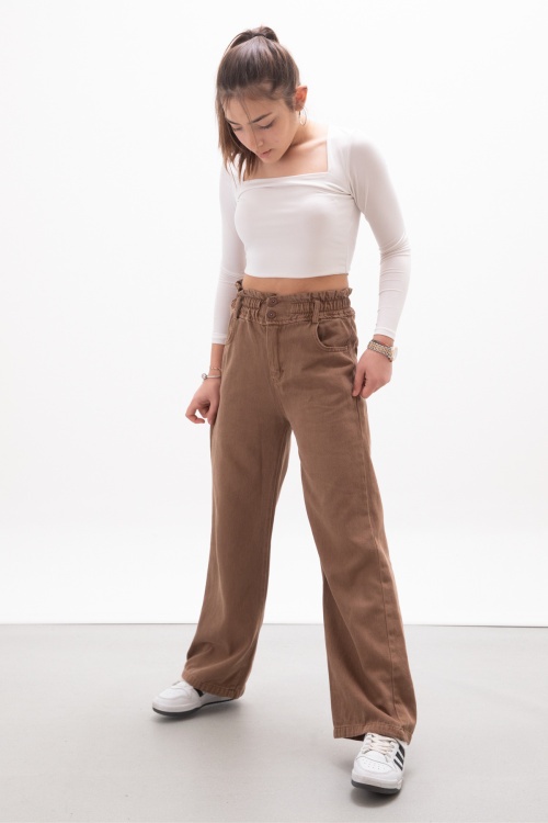 Kahverengi Beli Lastikli Geniş Paça Kız Çocuk Jean Pantolon 17987