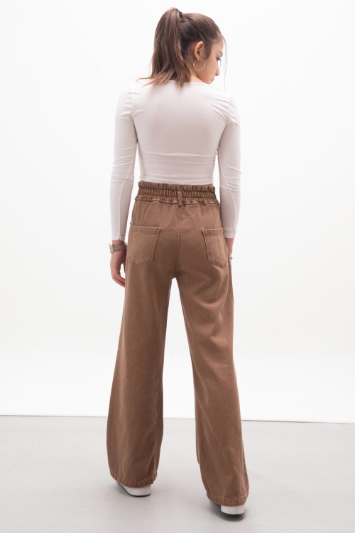 Kahverengi Beli Lastikli Geniş Paça Kız Çocuk Jean Pantolon 17987