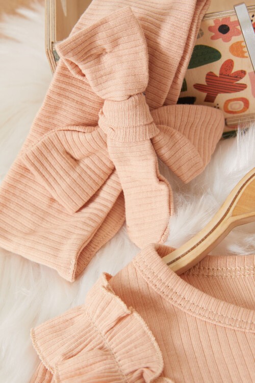 Kız Bebek Fiyonk Detaylı Bandanalı Somon Elbise 17503