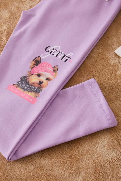 Lila Sevimli Köpek Baskılı Hırkalı Kız Çocuk 3lü Takım 17434