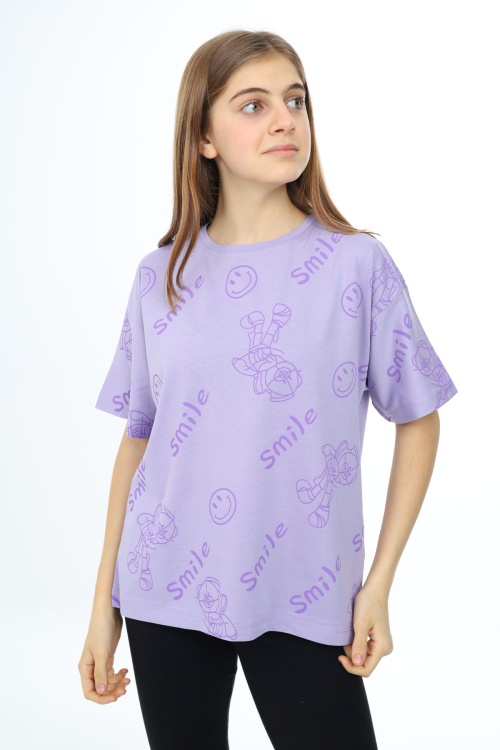 Lila Smile Baskılı Bisiklet Yaka Kız Çocuk T-shirt 17764