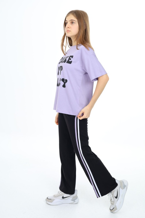Lila Yazı Baskılı Kısa Kollu Kız Çocuk Takım 17955