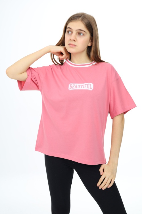 Pembe Beautiful Yazılı Oversize Kız Tişört 17812