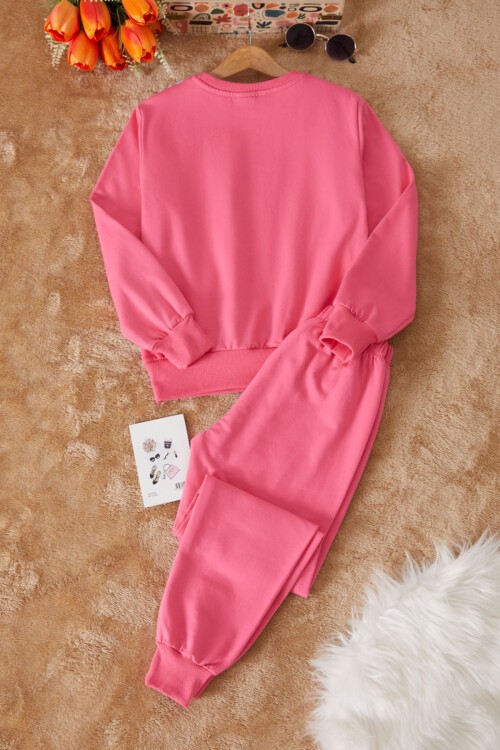 Pembe Çiçek Baskılı Şardonlu Kız Eşofman Takımı 17423