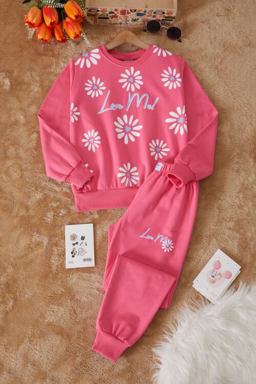 Pembe Çiçek Baskılı Şardonlu Kız Eşofman Takımı 17423