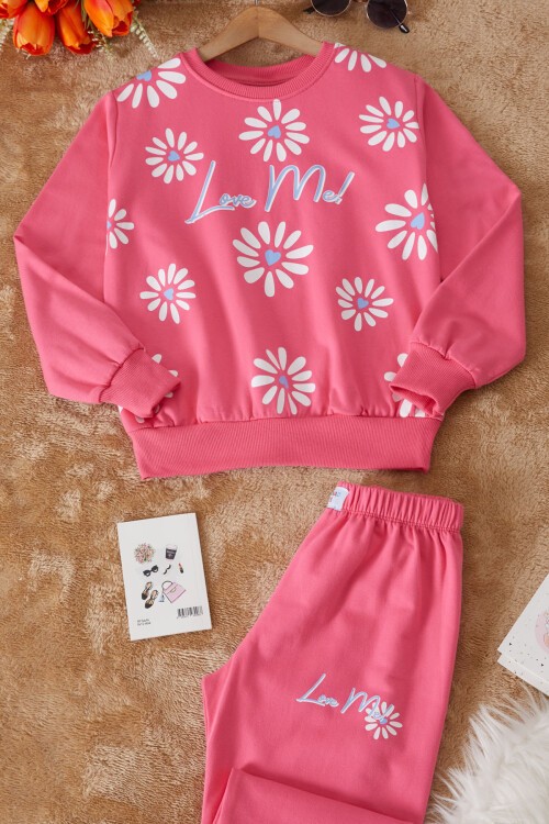 Pembe Çiçek Baskılı Şardonlu Kız Eşofman Takımı 17423