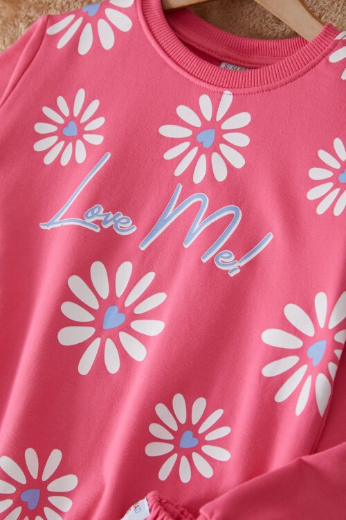 Pembe Çiçek Baskılı Şardonlu Kız Eşofman Takımı 17423