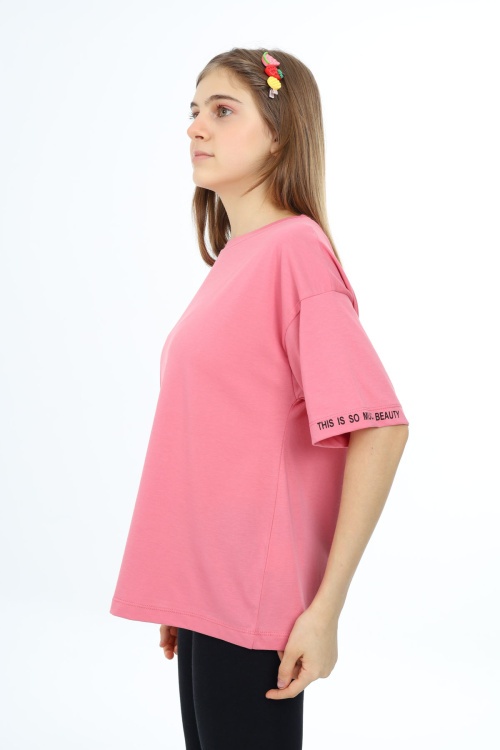 Pembe Düz Bisiklet Yaka Kız Tişört 18035