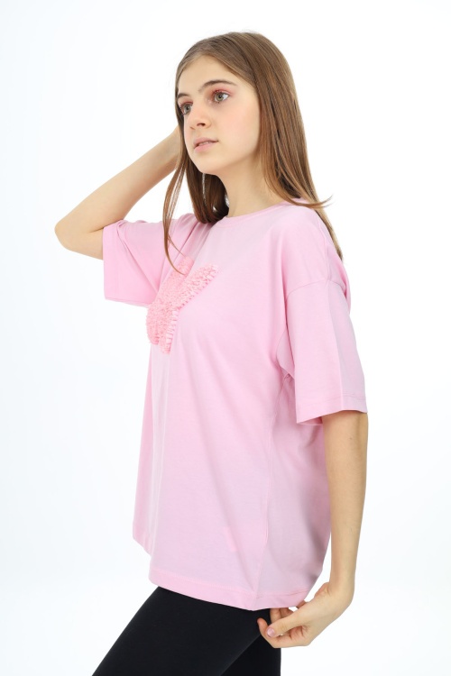 Pembe Kelebek İşlemeli Kısa Kol Kız Çocuk Tişört 17783