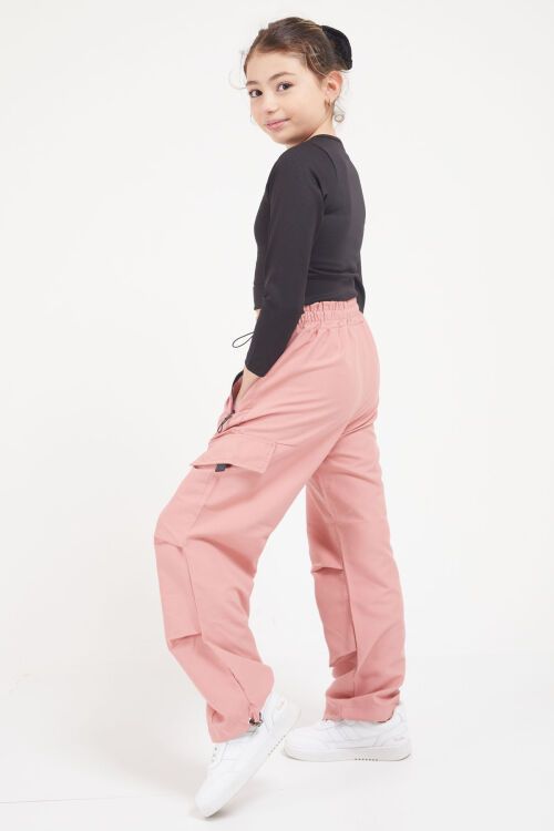 Pembe Şeritli Fermuarlı Kargo Cepli Kız Paraşüt Pantolon 17605
