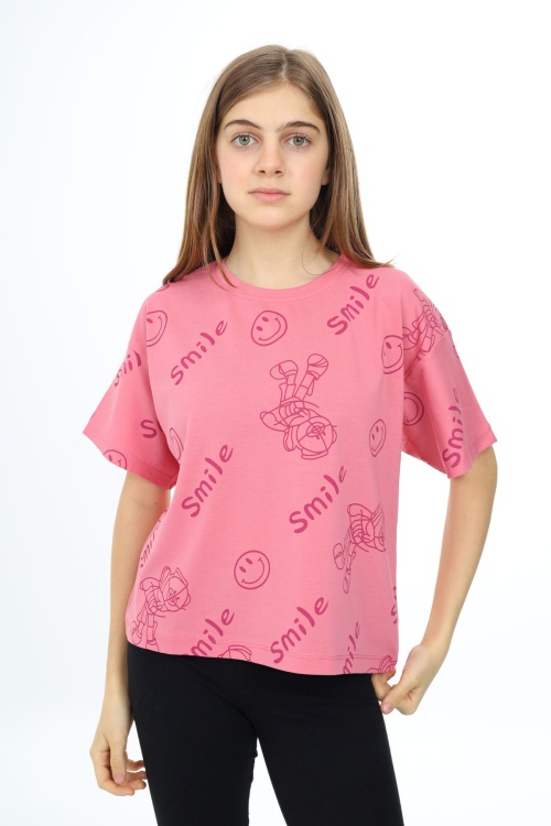 Pembe Smile Baskılı Bisiklet Yaka Kız Çocuk T-shirt 17766