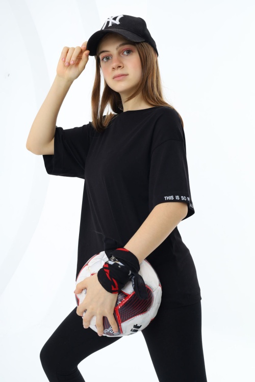 Siyah Düz Bisiklet Yaka Kız Tişört 18036