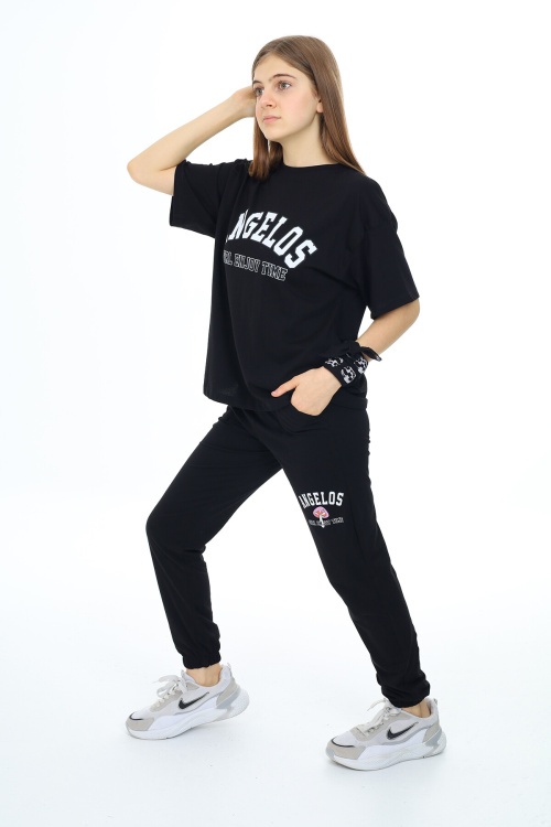 Siyah Yazı Baskılı Kız Çocuk Takım 17859