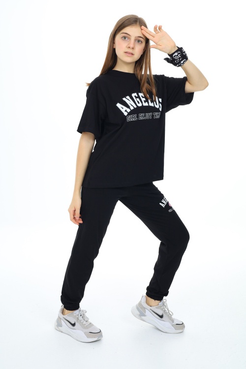 Siyah Yazı Baskılı Kız Çocuk Takım 17859