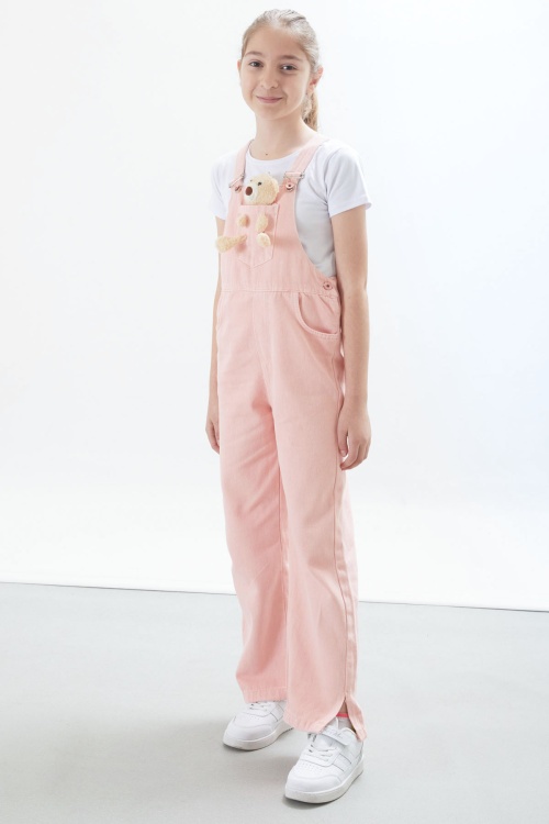 Somon Ayıcık Cepli Yırtmaçlı Kız Çocuk Salopet Tulum 17717