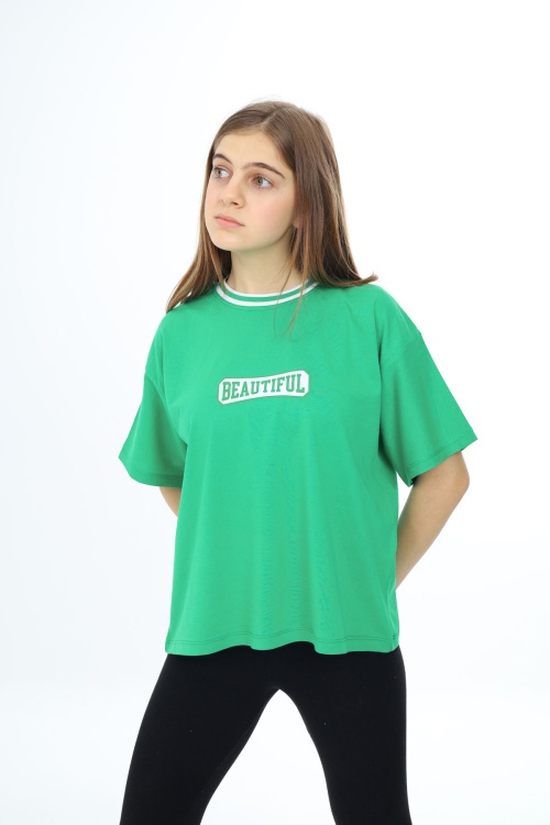 Yeşil Beautiful Yazılı Oversize Kız Tişört 17817