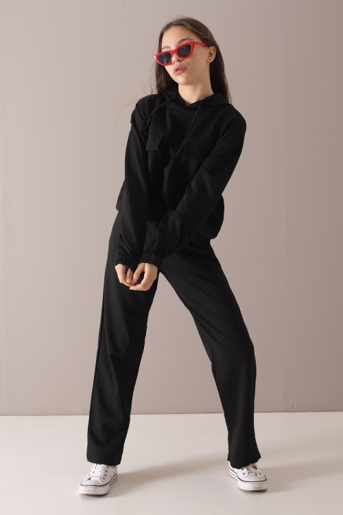 Siyah Kapaklı Cepli Kapüşonlu Kız Çocuk Eşofman Takımı 19781