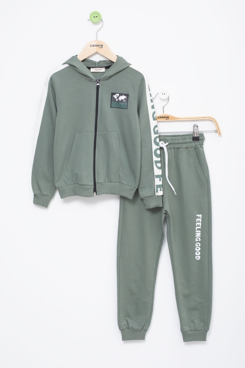 Erkek Çocuk Haki Şerit Yazılı Kapüşonlu Hırkalı Eşofman Takımı 18770