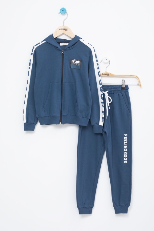 Erkek Çocuk Lacivert Şerit Yazılı Kapüşonlu Hırkalı Eşofman Takımı 18773