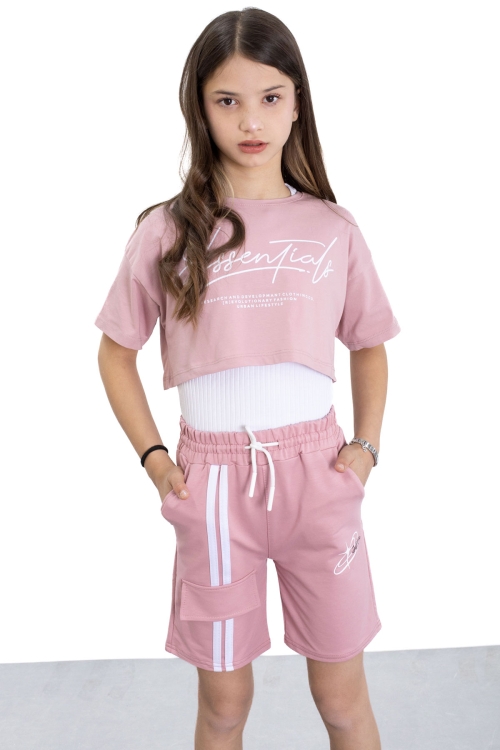 Koyu Pembe Beli Lastikli Şerit Detaylı Kız Çocuk Şort 20751