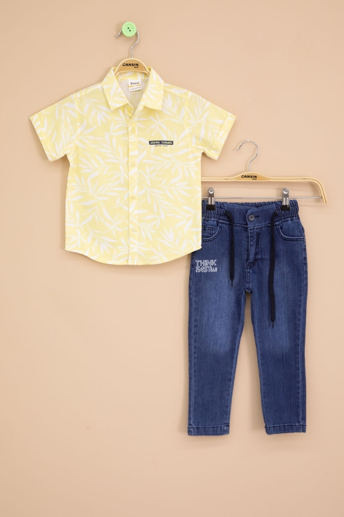 Sarı Yaprak Desenli Keten Gömlekli Erkek Çocuk Takım 19117