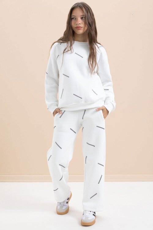 Beyaz Kız Çocuk Desenli 3 İplik Şardonlu Geniş Paça Eşofman Takımı 22644