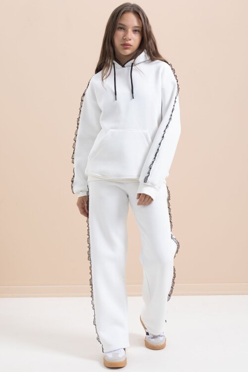 Beyaz Kız Çocuk Şardonlu Dantel Detaylı 3 İplik Takım 21504