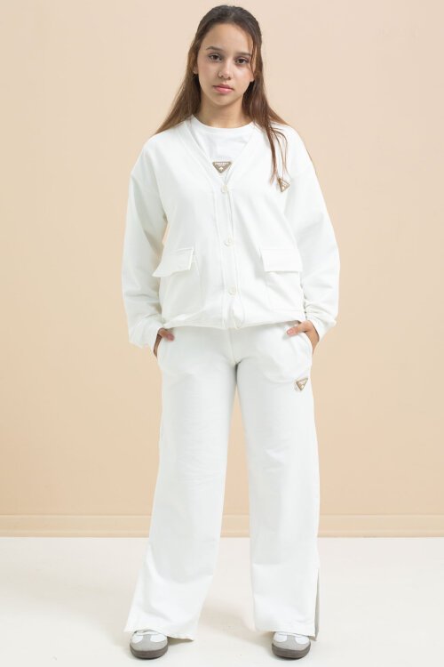 Beyaz Logo Detaylı Düğmeli Hırkalı kız Çocuk Yırtmaçlı 3lü Atl-Üst Takım 21375