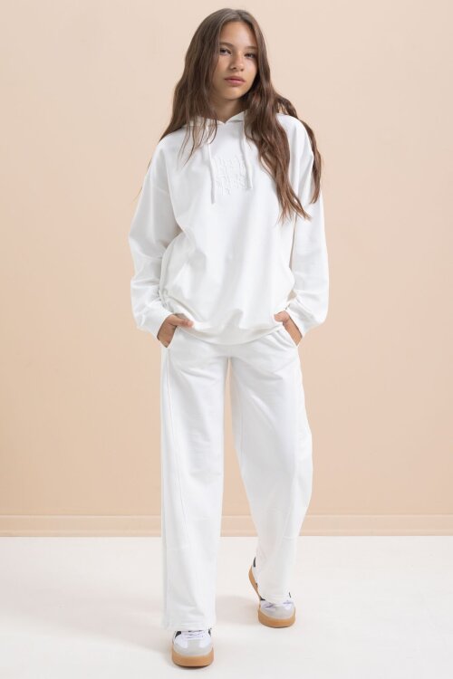 Beyaz Yazı Baskılı Kapüşonlu Geniş Paça Kız Çocuk Eşofman Takımı 21433