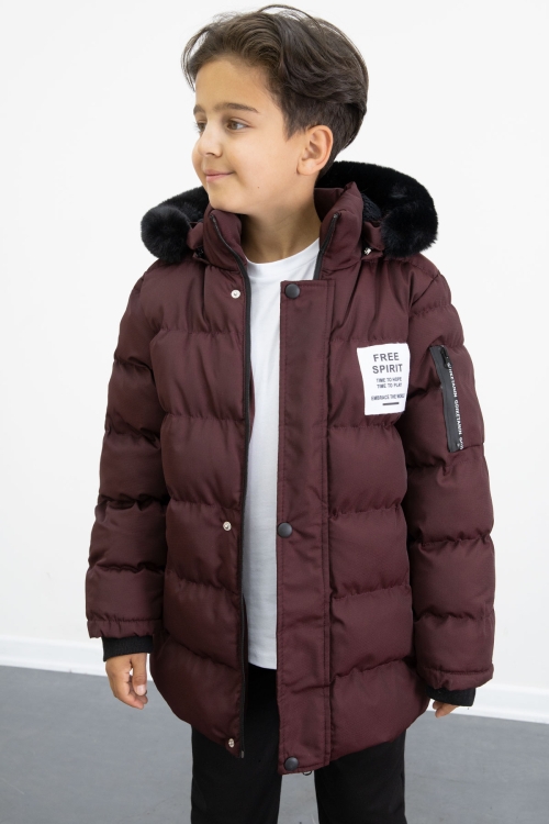 Erkek Çocuk Bordo Yazılı Arma Detaylı İçi Kürklü Kapüşonlu Şişme Mont 21346
