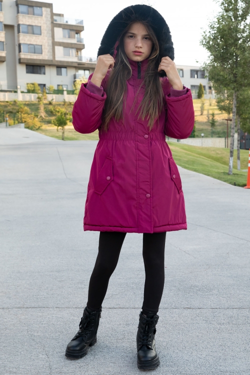 Fuşya Çıtçıtlı Cepli Esnek Bel İçi Kürklü Kız Çocuk Kapüşonlu Mont 21304